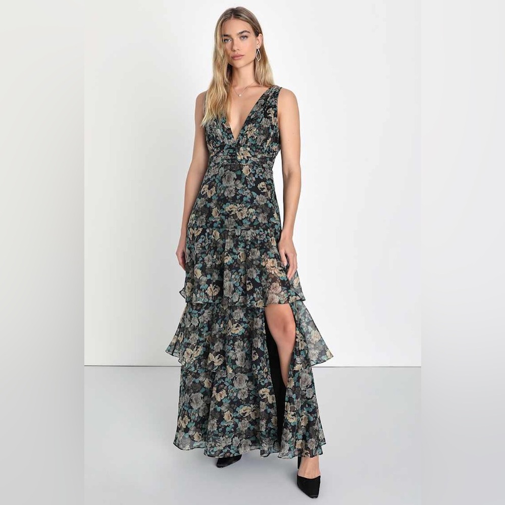 Lulus Sweeping Sensation Black Floral Print Organza Pleated Maxi Dress Sz S nwt